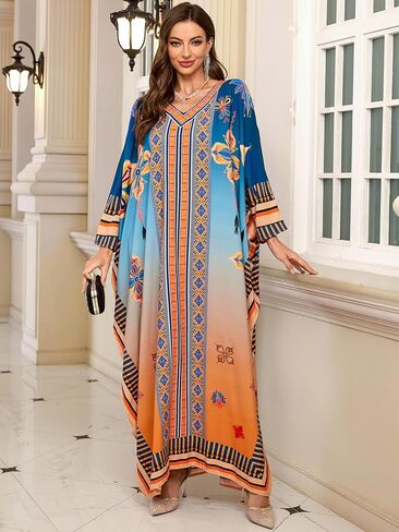 Chunoy Women V Neck Kaftan Dresses Kimono Sleeve Casual Beach Bathing Cover Up Dress in Kuwait