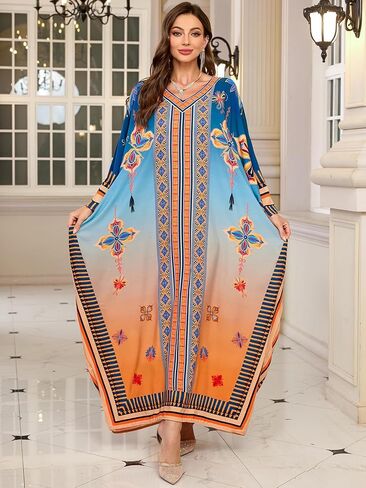 Chunoy Women V Neck Kaftan Dresses Kimono Sleeve Casual Beach Bathing Cover Up Dress in Kuwait
