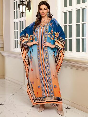 Chunoy Women V Neck Kaftan Dresses Kimono Sleeve Casual Beach Bathing Cover Up Dress in Kuwait
