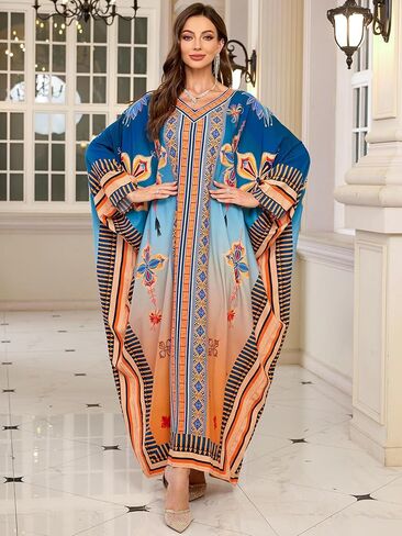 Chunoy Women V Neck Kaftan Dresses Kimono Sleeve Casual Beach Bathing Cover Up Dress in Kuwait