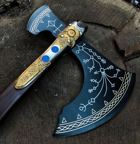 Handsmith ™ God of War Kraatos - الفأس المصنوع يدويًا مع غمد الجلد الأصلي ، فأس الفايكينغ ، الفأس ، كوزبلاي درع ، الدعامة ، النسخ المتماثلة ، سلاح الأزياء (ب- ترقية كرااتوس فأس) in Saudi Arabia
