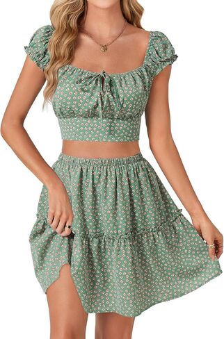 Vrtige Women's 2 Piece Outfits Floral Cap Sleeve Square Neck Shirred Crop Top and Mini Skirt Set in Saudi Arabia