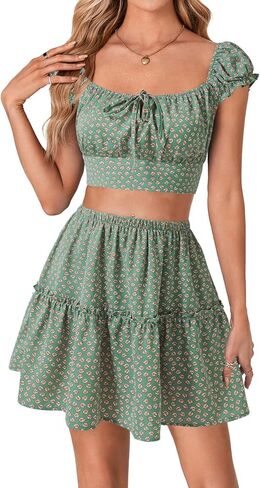 Vrtige Women's 2 Piece Outfits Floral Cap Sleeve Square Neck Shirred Crop Top and Mini Skirt Set in Saudi Arabia