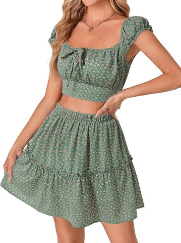 Vrtige Women's 2 Piece Outfits Floral Cap Sleeve Square Neck Shirred Crop Top and Mini Skirt Set in Saudi Arabia