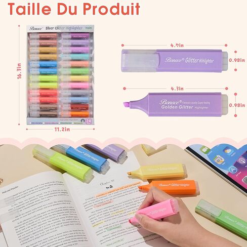 Bonace 12pcs Glitter Highlighters ، علامات تمييز Glitter Highlight ، ألوان متنوعة من النزاعات - لا يوجد نصيحة إزميل نزيف ، لمخطط اليومية ، مؤلف الكتاب المقدس ، دفتر ملاحظات （شظية بريق） in Kuwait