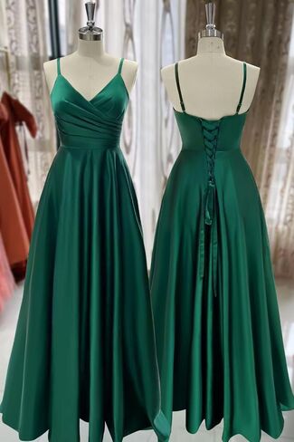 TIRAS Spaghetti V Neck Prom Dresses for Women Long Ball Gown Ruched Satin Evening Party Gown with Pockets CM139 in Saudi Arabia