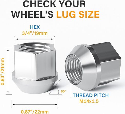 20 PCS M12x1.5 Wheel Lug Nuts, Open End Cone Seat Bulge Acorn Lug Nut One-Piece lugnuts 0.83" (21mm) Long 3/4" (19mm) Hex, Chrome in Saudi Arabia