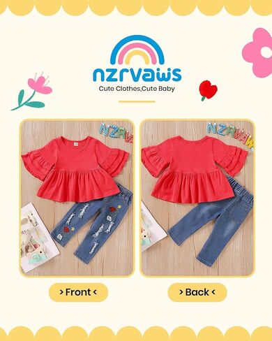NZRVAWS Baby Girl Clothes Toddler Girl Outfits Infant Ruffle Shirt Denim Ripped Jeans Cute Clothing Set in Kuwait