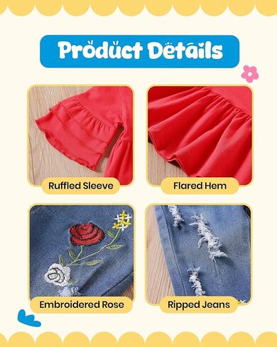 NZRVAWS Baby Girl Clothes Toddler Girl Outfits Infant Ruffle Shirt Denim Ripped Jeans Cute Clothing Set in Kuwait