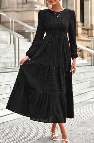 Prettygarden Womens Long Sleeve Dresses Dresses عارضة طاقم رقبة صاخبة عالية الخصر فستان ماكسي متدفق مع جيوب in Kuwait