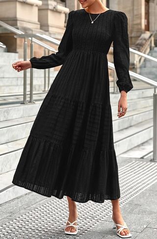 Prettygarden Womens Long Sleeve Dresses Dresses عارضة طاقم رقبة صاخبة عالية الخصر فستان ماكسي متدفق مع جيوب in Kuwait