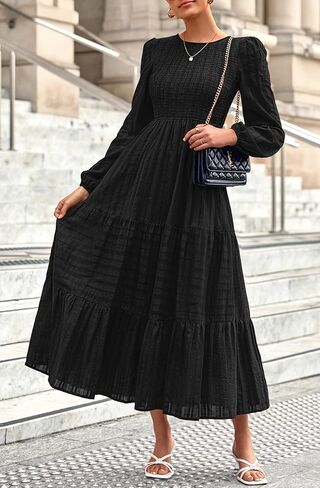 Prettygarden Womens Long Sleeve Dresses Dresses عارضة طاقم رقبة صاخبة عالية الخصر فستان ماكسي متدفق مع جيوب in Kuwait