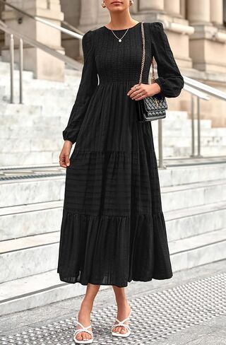 Prettygarden Womens Long Sleeve Dresses Dresses عارضة طاقم رقبة صاخبة عالية الخصر فستان ماكسي متدفق مع جيوب in Kuwait