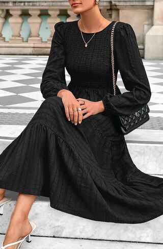 Prettygarden Womens Long Sleeve Dresses Dresses عارضة طاقم رقبة صاخبة عالية الخصر فستان ماكسي متدفق مع جيوب in Kuwait