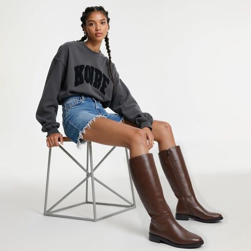Modatope Knee High Boots Women Round Toe Chunky Low Flat Heel Side Zipper Fall Winter Tall Boots for Women in Saudi Arabia