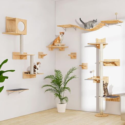 Floor to Ceiling Cat Tree, 5 Tier Cat Tower Adjustable Height (82-120 in), Tall Climbing Tree with Perches, Hammock, Scratching Post, Bed, Ball Toys, Solid Structure and Neutral Color Fit Home Decor in Kuwait