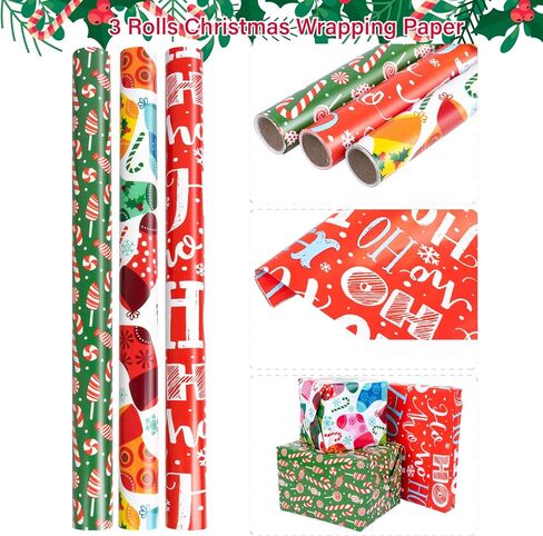 Lyforpyton 17" Christmas Wrapping Paper Rolls Total of 3 Rolls 9 feet per Roll in Kuwait