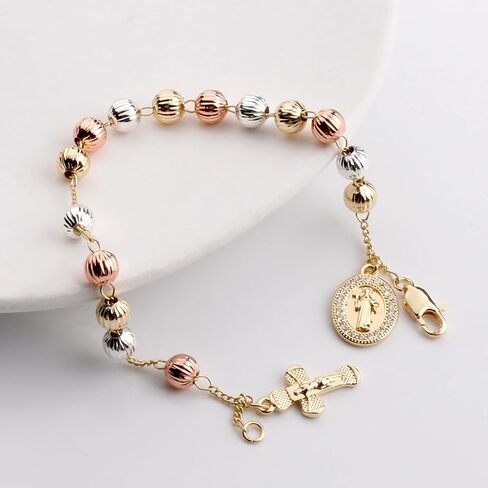 6mm Gold Plated Beads Catholic Guadalupe Crucifix Charm Rosary Bracelet for Women with Gift Box in Saudi Arabia