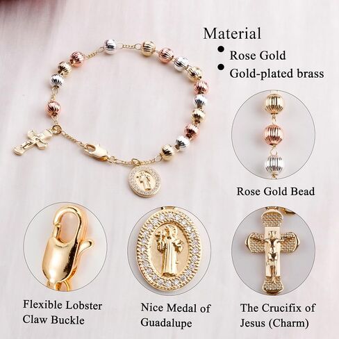 6mm Gold Plated Beads Catholic Guadalupe Crucifix Charm Rosary Bracelet for Women with Gift Box in Saudi Arabia