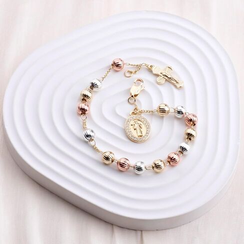 6mm Gold Plated Beads Catholic Guadalupe Crucifix Charm Rosary Bracelet for Women with Gift Box in Saudi Arabia