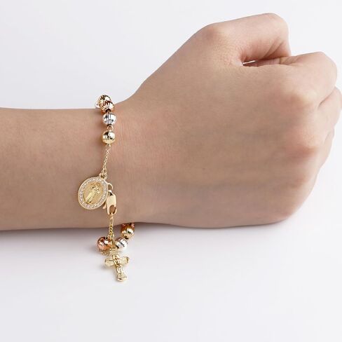 6mm Gold Plated Beads Catholic Guadalupe Crucifix Charm Rosary Bracelet for Women with Gift Box in Saudi Arabia