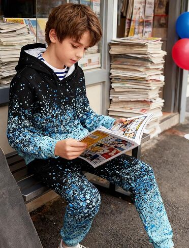 Belovecol Boys Hoodie Pant مجموعة ثلاثية الأبعاد طباعة من النوع الثقيل من النوع الثقيل بدلة ملابس 2 قطعة مجموعة من 5-14 سنوات in Kuwait