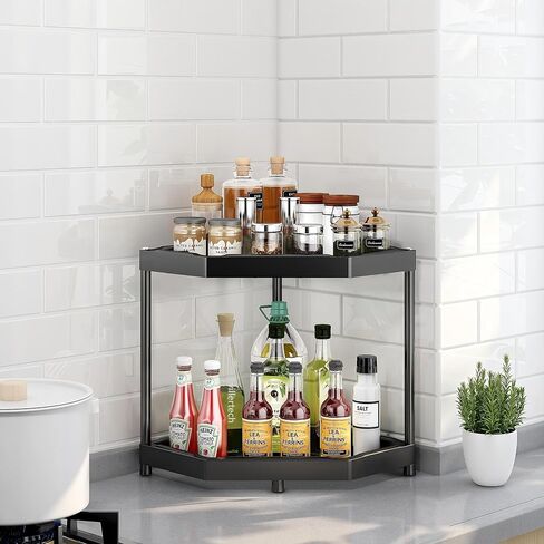 Kitchen Corner Shelf Countertop 2 Tier Bathroom Counter Organizer Cabinet Corner Storage Shelf Spice Rack Makeup Organizer Under Sink Organizer Black in Saudi Arabia