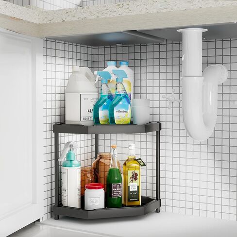 Kitchen Corner Shelf Countertop 2 Tier Bathroom Counter Organizer Cabinet Corner Storage Shelf Spice Rack Makeup Organizer Under Sink Organizer Black in Saudi Arabia