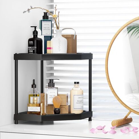 Kitchen Corner Shelf Countertop 2 Tier Bathroom Counter Organizer Cabinet Corner Storage Shelf Spice Rack Makeup Organizer Under Sink Organizer Black in Saudi Arabia