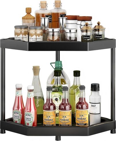 Kitchen Corner Shelf Countertop 2 Tier Bathroom Counter Organizer Cabinet Corner Storage Shelf Spice Rack Makeup Organizer Under Sink Organizer Black in Saudi Arabia