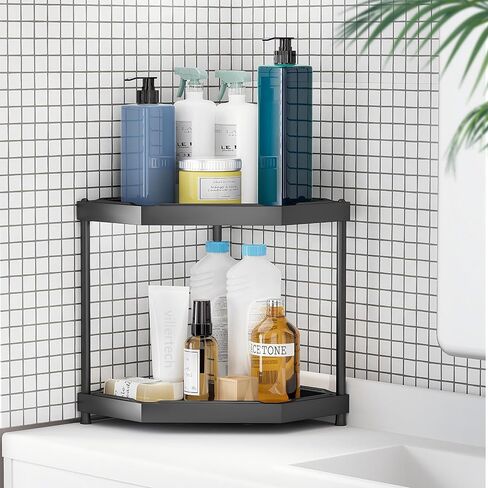 Kitchen Corner Shelf Countertop 2 Tier Bathroom Counter Organizer Cabinet Corner Storage Shelf Spice Rack Makeup Organizer Under Sink Organizer Black in Saudi Arabia