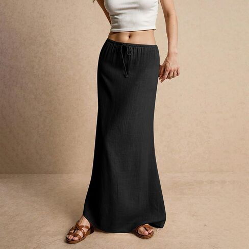 Kvor Linen Maxi Skirt for Women Beach Vacation Drawstring Elastic Waist Flowy Summer Skirt Lightweight Boho Long Skirt in Kuwait