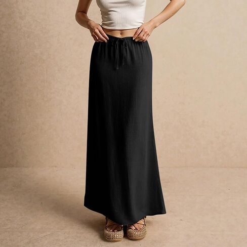 Kvor Linen Maxi Skirt for Women Beach Vacation Drawstring Elastic Waist Flowy Summer Skirt Lightweight Boho Long Skirt in Kuwait