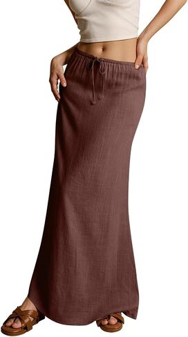 Kvor Linen Maxi Skirt for Women Beach Vacation Drawstring Elastic Waist Flowy Summer Skirt Lightweight Boho Long Skirt in Kuwait