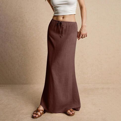 Kvor Linen Maxi Skirt for Women Beach Vacation Drawstring Elastic Waist Flowy Summer Skirt Lightweight Boho Long Skirt in Kuwait