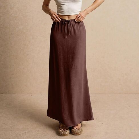 Kvor Linen Maxi Skirt for Women Beach Vacation Drawstring Elastic Waist Flowy Summer Skirt Lightweight Boho Long Skirt in Kuwait