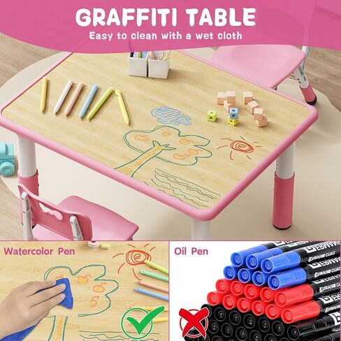 Brelley Kids Table and 2 Chairs Set, Height Adjustable Toddler Desk 31.5" L x 23.6" W and Chair Set, Graffiti Desktop, Classroom/Daycare/Home, Children Multi-Activity Table for Ages 2-8 in Kuwait
