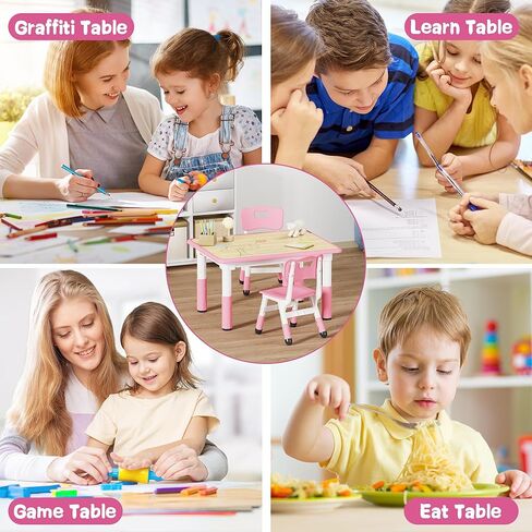 Brelley Kids Table and 2 Chairs Set, Height Adjustable Toddler Desk 31.5" L x 23.6" W and Chair Set, Graffiti Desktop, Classroom/Daycare/Home, Children Multi-Activity Table for Ages 2-8 in Kuwait