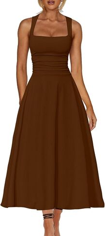 Kaximil Women's Square Neck Corset A Line Maxi Dress Ruffle Ruched Waist Flowy Long Dresses in Saudi Arabia