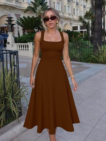 Kaximil Women's Square Neck Corset A Line Maxi Dress Ruffle Ruched Waist Flowy Long Dresses in Saudi Arabia