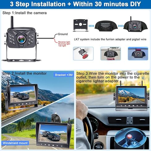 7-Inch Wireless Backup Camera for Truck - 4 Channel, DVR Recording, HD 1080P, Night Vision, IP69 Waterproof, Easy Installation for Trucks, Pickup, Trailer, Cars - Parking Safety & Towing Assistance in Kuwait