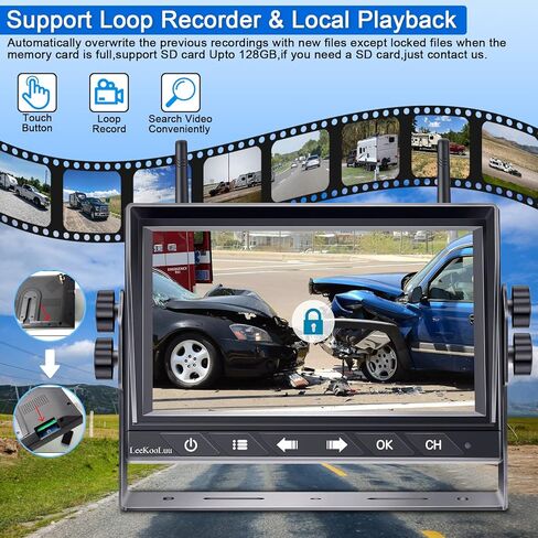 7-Inch Wireless Backup Camera for Truck - 4 Channel, DVR Recording, HD 1080P, Night Vision, IP69 Waterproof, Easy Installation for Trucks, Pickup, Trailer, Cars - Parking Safety & Towing Assistance in Kuwait