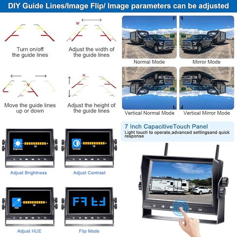 7-Inch Wireless Backup Camera for Truck - 4 Channel, DVR Recording, HD 1080P, Night Vision, IP69 Waterproof, Easy Installation for Trucks, Pickup, Trailer, Cars - Parking Safety & Towing Assistance in Kuwait
