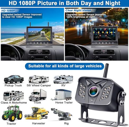 7-Inch Wireless Backup Camera for Truck - 4 Channel, DVR Recording, HD 1080P, Night Vision, IP69 Waterproof, Easy Installation for Trucks, Pickup, Trailer, Cars - Parking Safety & Towing Assistance in Kuwait