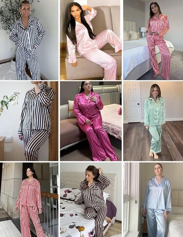 Ekouaer Womens Silk Satin Pajama Sets 2 Piece Sleepwear Pjs Set Long Sleeve Button Down Top and Pants Stripe Loungewear S-XXL in Saudi Arabia