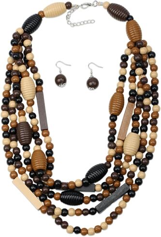 كبيرة طويلة ملونة مكتنزة بيان الخشب عقد من اللؤلؤ للنساء الأفريقية خمر العرقية متعددة الطبقات قلادة مريلة البوهيمي مجوهرات in Kuwait