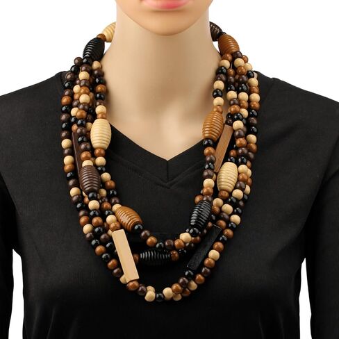 كبيرة طويلة ملونة مكتنزة بيان الخشب عقد من اللؤلؤ للنساء الأفريقية خمر العرقية متعددة الطبقات قلادة مريلة البوهيمي مجوهرات in Kuwait