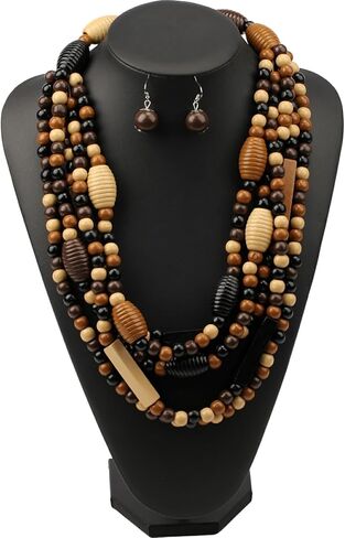 كبيرة طويلة ملونة مكتنزة بيان الخشب عقد من اللؤلؤ للنساء الأفريقية خمر العرقية متعددة الطبقات قلادة مريلة البوهيمي مجوهرات in Kuwait