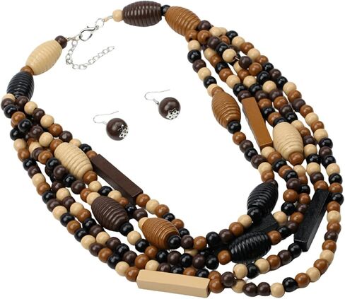 كبيرة طويلة ملونة مكتنزة بيان الخشب عقد من اللؤلؤ للنساء الأفريقية خمر العرقية متعددة الطبقات قلادة مريلة البوهيمي مجوهرات in Kuwait