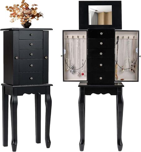 Giantex Jewelry Cabinet Armoire Chest مع 4 أدراج ، مرآة أعلى ، مقصورات تخزين أعلى ، أبواب جانبية مع 8 خطافات قلادة ، رففين ، صندوق منظم المجوهرات الأبيض للبنات للبنات in Saudi Arabia